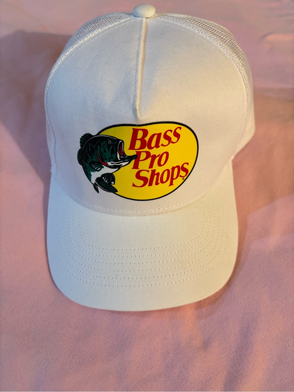 Bass Pro Shops SnapBack White Cap with Yellow Logo and Green Fish